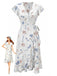 Weißes 40er Wickelkleid mit Flatterärmel und Blumen-Print