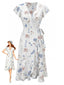 Weißes 40er Wickelkleid mit Flatterärmel und Blumen-Print