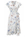 Weißes 40er Wickelkleid mit Flatterärmel und Blumen-Print