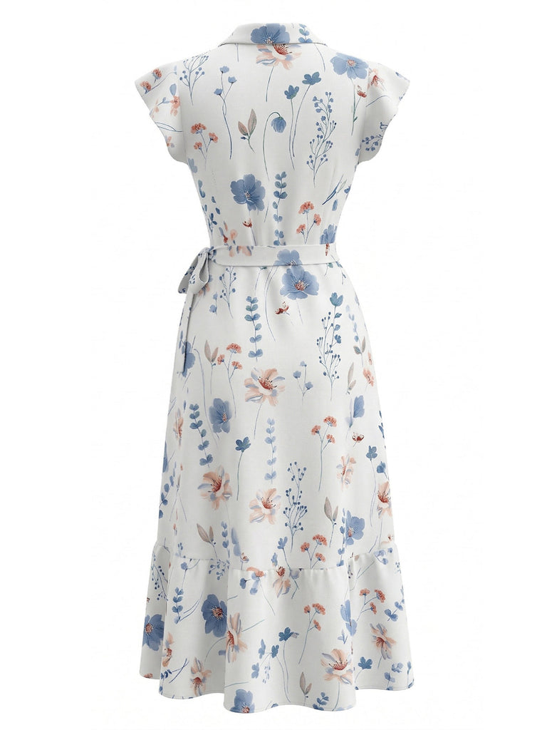 Weißes 40er Wickelkleid mit Flatterärmel und Blumen-Print