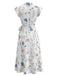Weißes 40er Wickelkleid mit Flatterärmel und Blumen-Print