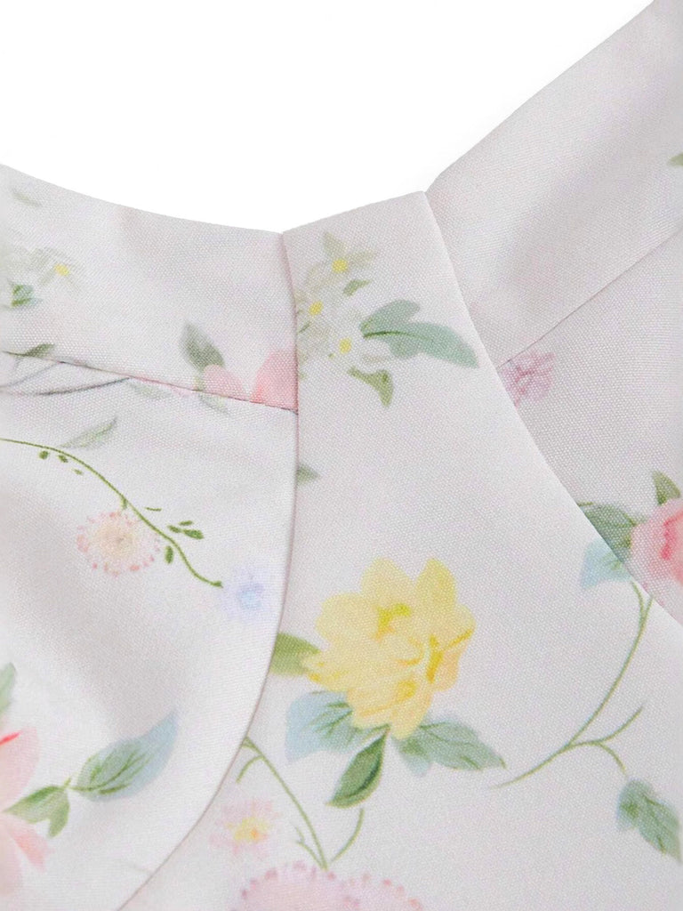 Weißes 40er Smockkleid mit Blumen und Bindeband