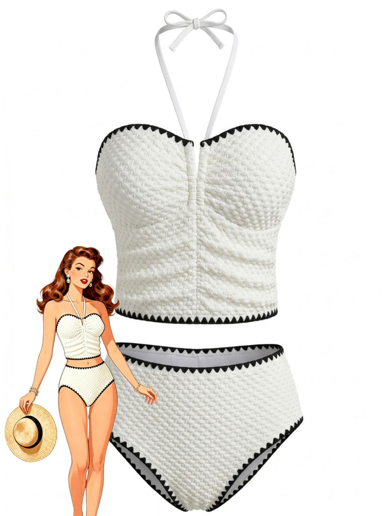 Weißes 50er Trägerloses Tankini-Set mit Neckholder und Struktur