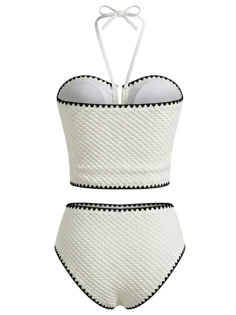Weißes 50er Trägerloses Tankini-Set mit Neckholder und Struktur
