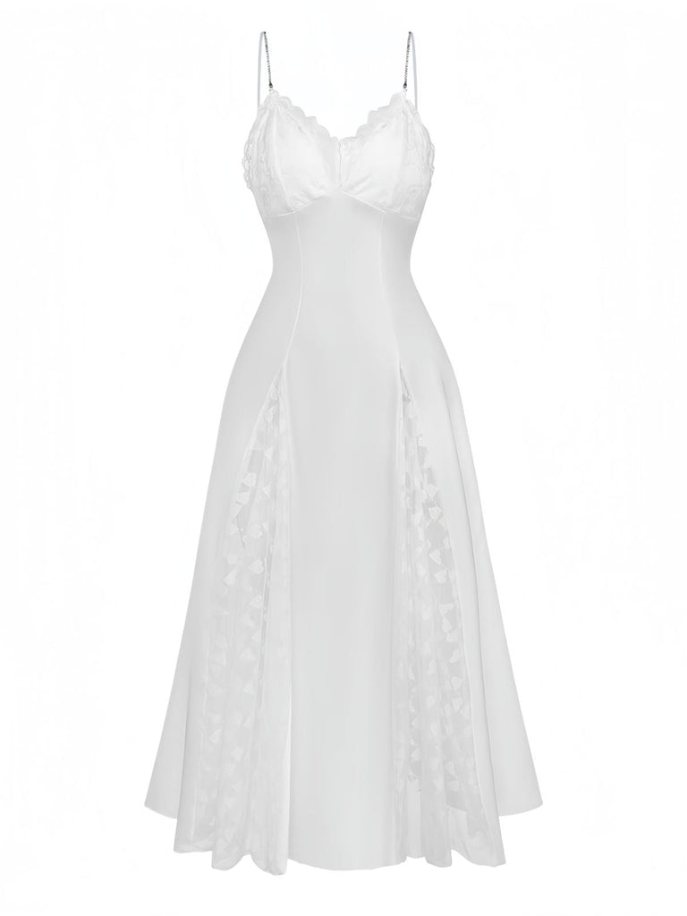 Weiß 50er Satin-Nachthemd mit Spitze und Strass