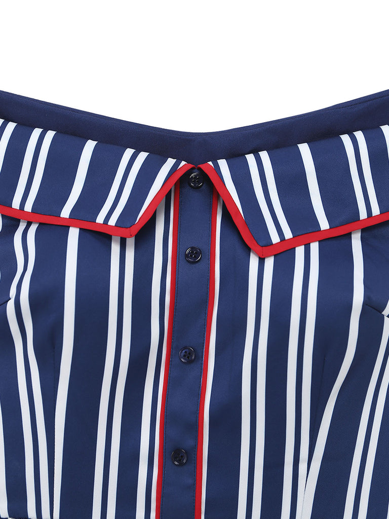 Blaues 50er schulterfreies Swingkleid mit Streifen