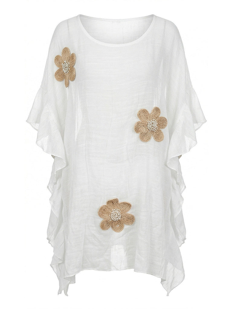Weißes 60er Beach Cover-Up mit Blumen und Häkelarbeit