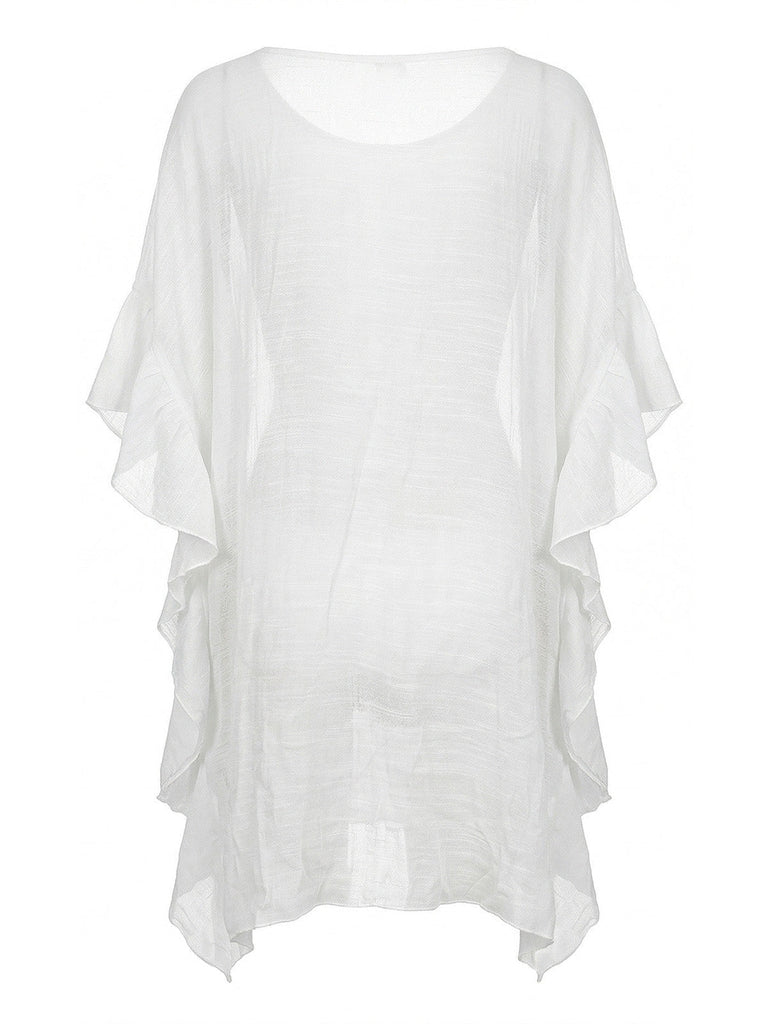 Weißes 60er Beach Cover-Up mit Blumen und Häkelarbeit