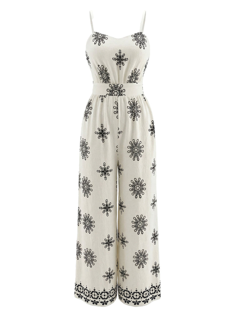 Weißer 70er Bohemian Jumpsuit mit Spaghettiträger und Smok