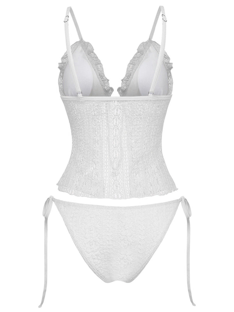 Weißer Bikini aus doppellagigem Spitzenstrickstoff der 1940er Jahre – Rückansicht