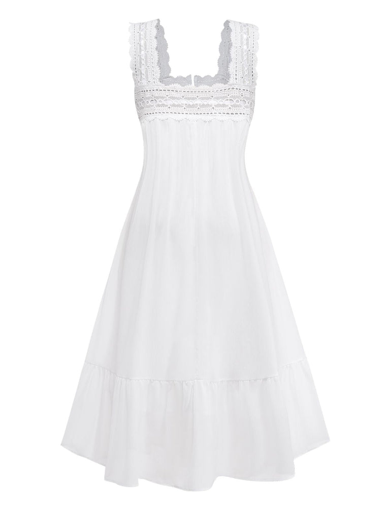 Vorderseite: Weißes, einfarbiges Spitzenkleid im Stil der 1940er Jahre mit Bindeband vorne, eleganter Vintage-Stil, perfekt für Vintage-Modeliebhaber