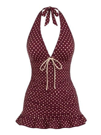 Weinrotes 40er Badekleid mit Polka-Dots und Neckholder