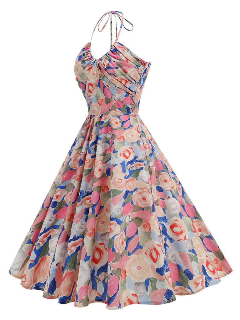 50er Baumwoll-Swingkleid mit Neckholder und Blumen
