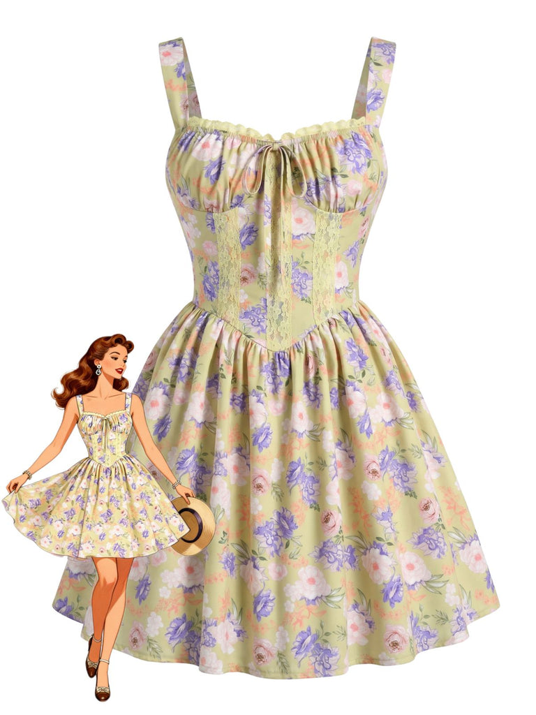Gelbes 50er Minikleid mit Blumen und Patchwork
