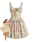 Gelbes 50er Minikleid mit Blumen und Patchwork