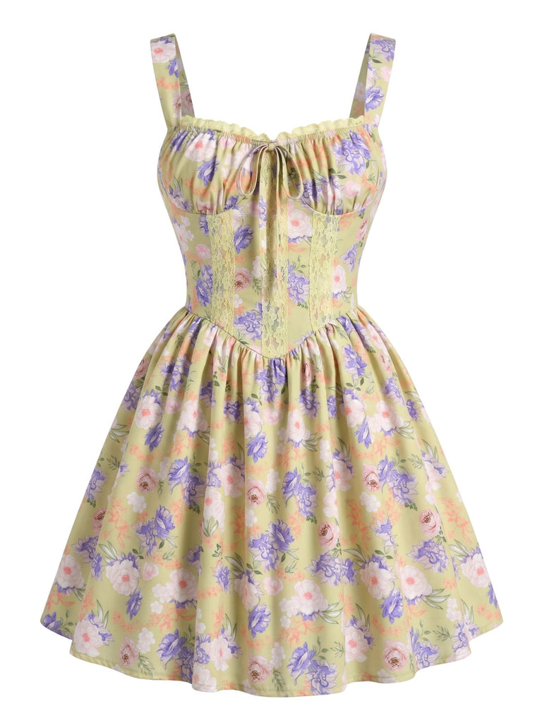 Gelbes 50er Minikleid mit Blumen und Patchwork