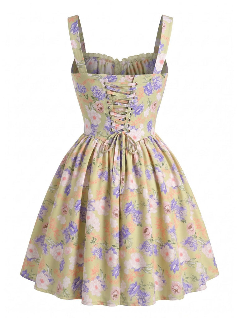 Gelbes 50er Minikleid mit Blumen und Patchwork