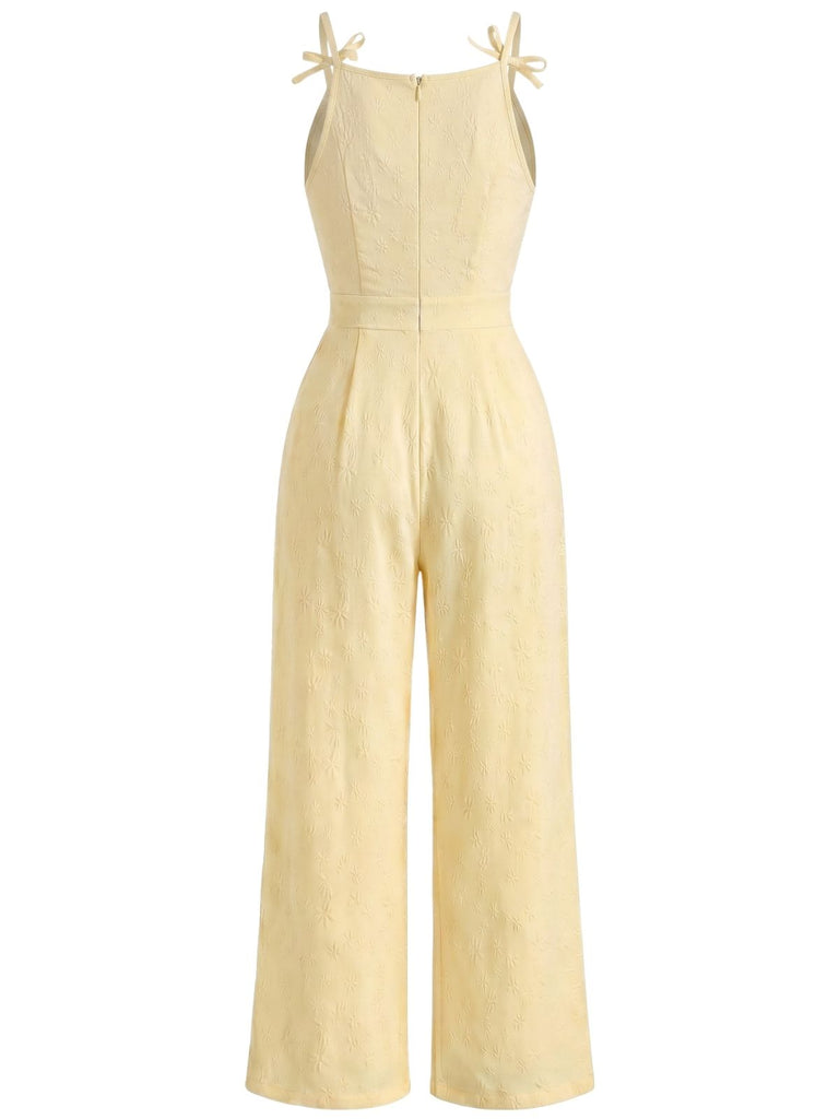 Gelber 50er Jacquard-Jumpsuit mit Blumen und Bindeband