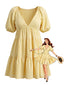 Gelbes 50er Babydoll-Kleid mit V-Ausschnitt und Puffärmeln