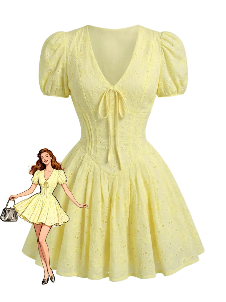 Gelbes 60er Baumwoll-Minikleid mit Puffärmel und V-Ausschnitt