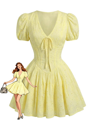 Gelbes 60er Baumwoll-Minikleid mit Puffärmel und V-Ausschnitt