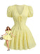 Gelbes 60er Baumwoll-Minikleid mit Puffärmel und V-Ausschnitt