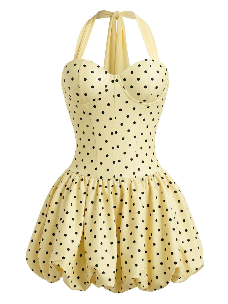 Gelbes 60er Kleid mit Polka-Dots und Neckholder