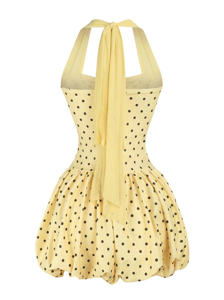 Gelbes 60er Kleid mit Polka-Dots und Neckholder