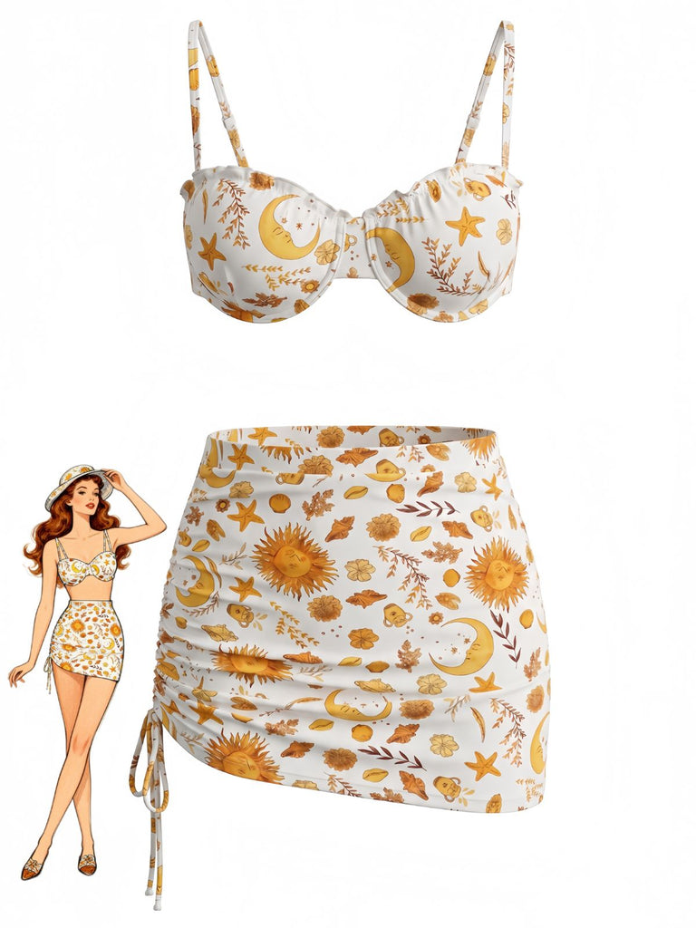 Gelbes 70er Bikini-Set mit Print und Himmlisch
