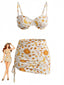 Gelbes 70er Bikini-Set & Cover-Up mit Sonne-Mond-Sterne-Print