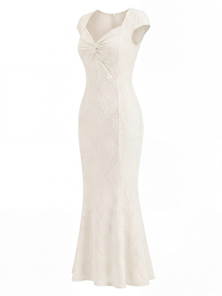 Cremefarbenes 30er Meerjungfrauenkleid mit Kappärmel und Spitze