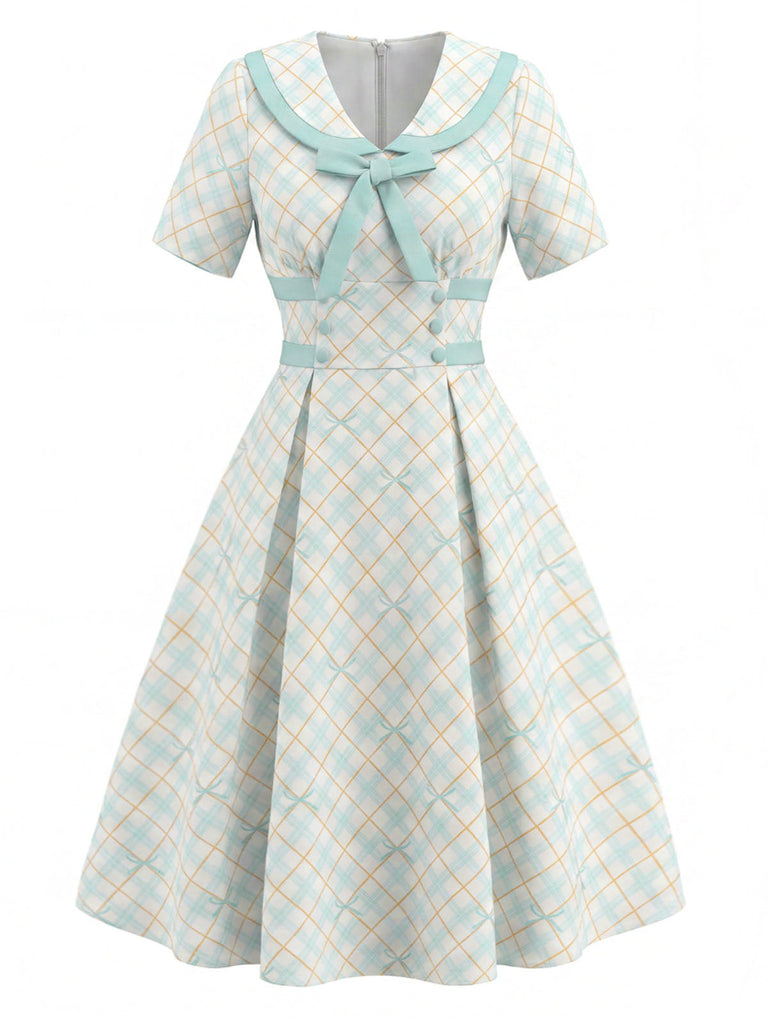 Gelbes & Blaues 50er Kleid mit Peter-Pan-Kragen und Schleife