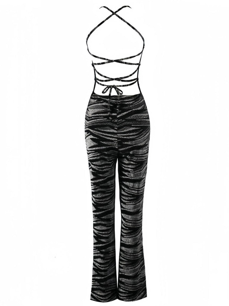Zebra-Print Neckholder-Jumpsuit mit offenem Rücken