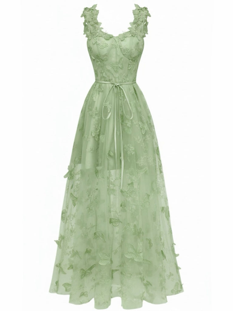 1930er Spaghetti Träger 3D Schmetterlinge Netz Maxi Kleid