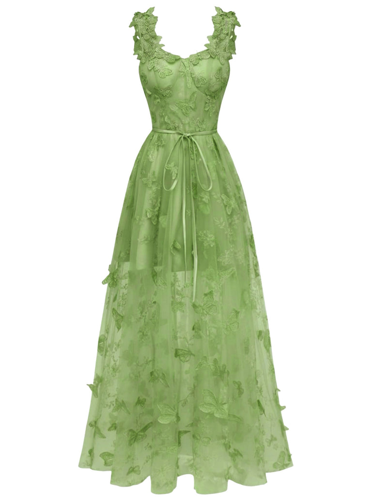 1930er Spaghetti Träger 3D Schmetterlinge Netz Maxi Kleid