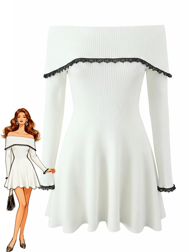 Weiß 1970er Schulterfrei Spitze Stricken Kleid