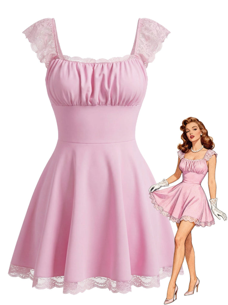 1960er Spitze Karree Ausschnitt Rückenfrei Kleid