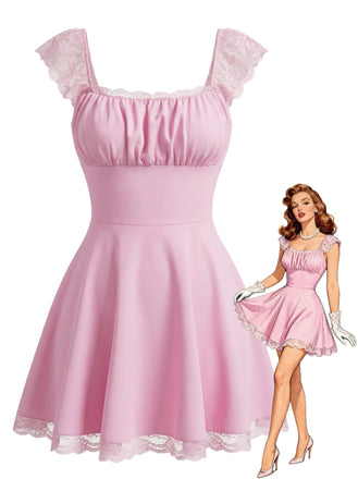 1960er Spitze Karree Ausschnitt Rückenfrei Kleid