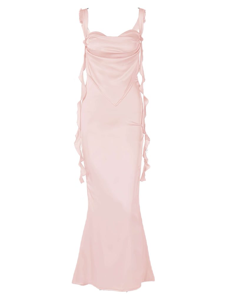 1970er Solide Satin Rüschen Rückenfrei Gerüschtes Kleid