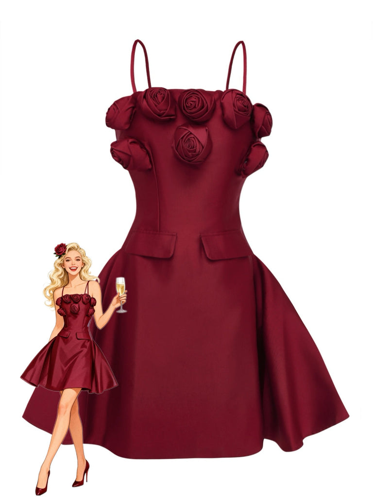 Weinrot 1960er Einfarbig 3D Blumen Kurz Kleid