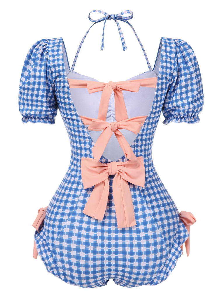 1950er Bogen Puffärmel Gingham Plaid Badeanzug