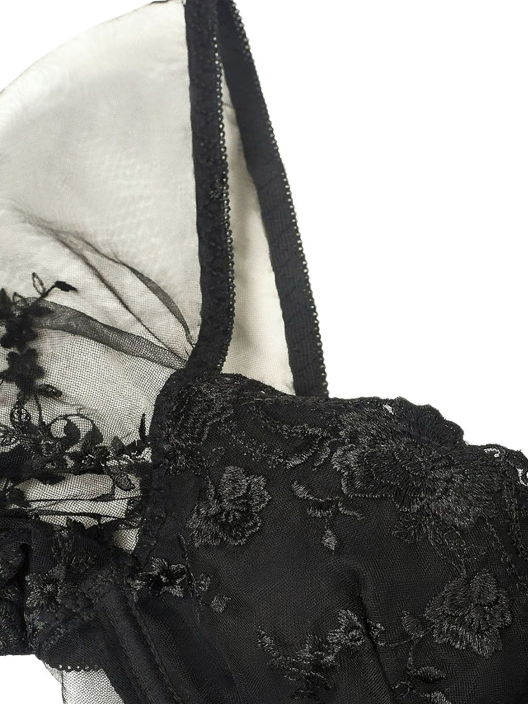 Schwarz 1970er Puffärmel Spitze Korsett Top