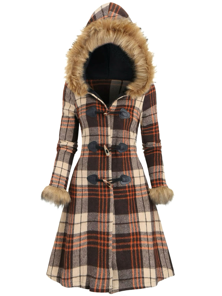 1940er Plaid Toggle Kunstpelzbesatz Hooded Mantel