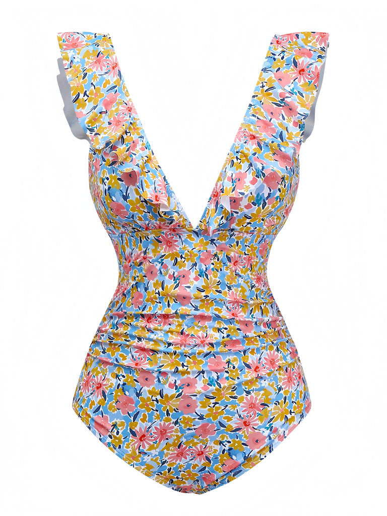 1950er Rüschen Kleine Blumen Tief V-Ausschnitt Badeanzug