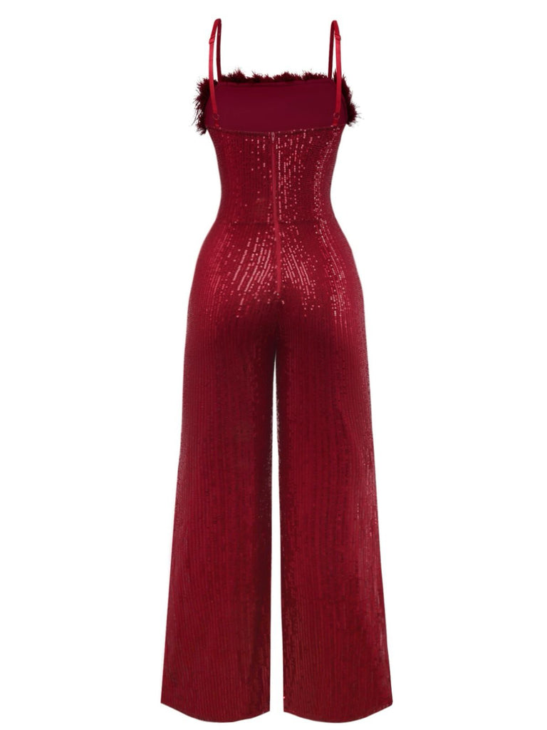 1970er Pailletten Fell Trimmen Patchwork Spaghetti Träger Jumpsuit