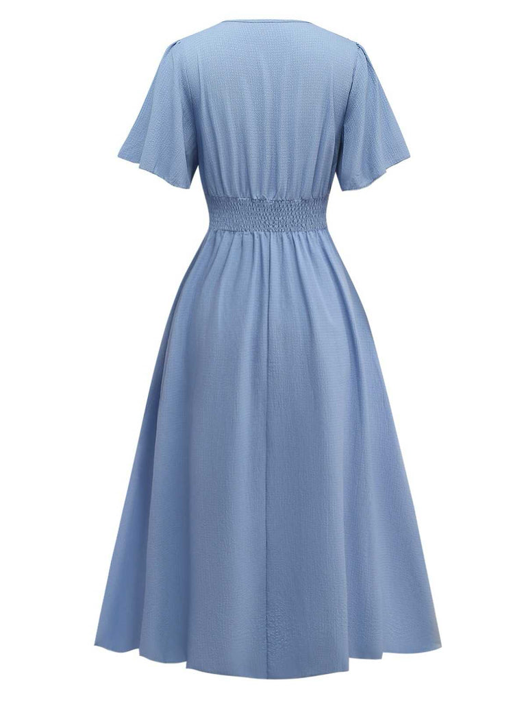 1940er V-Ausschnitt Rüschenärmel Schlitz Kleid