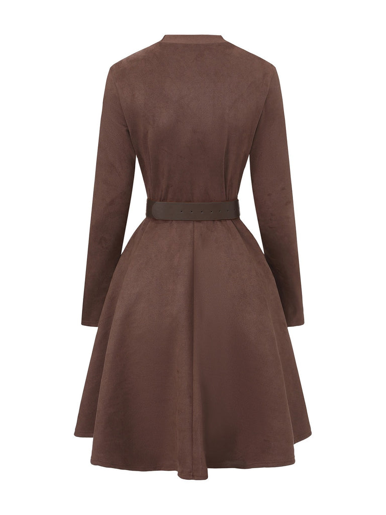 Braun 1970er Lang Ärmel Rundhals Gürtel Kleid