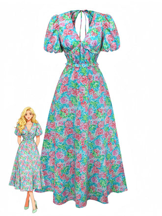 Grün 1970er Boho Blumen V-Ausschnitt Kleid