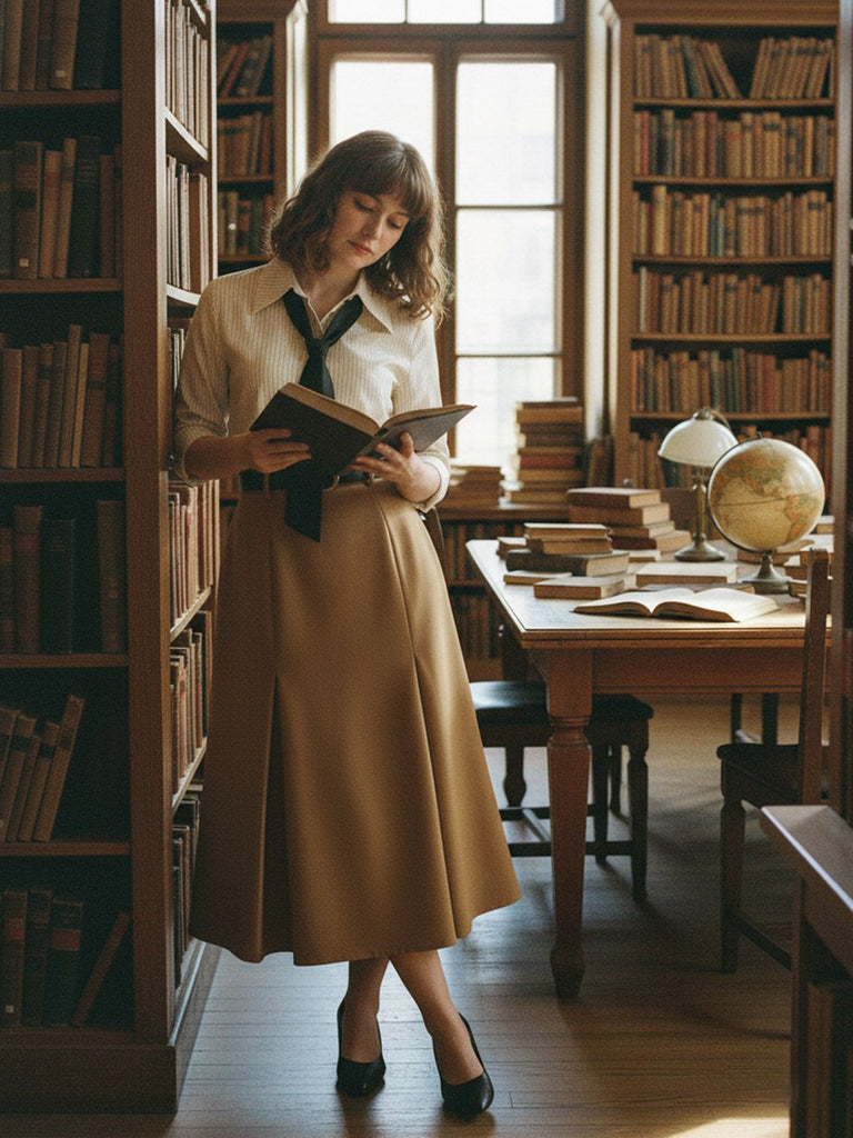 [Vorverkauf] Khaki 1930er Streifen Revers Abnehmbare Krawatte Kleid