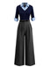 Blau & Grau 1940er Stricken Farbblock 3/4 Ärmel Shirt Jumpsuit